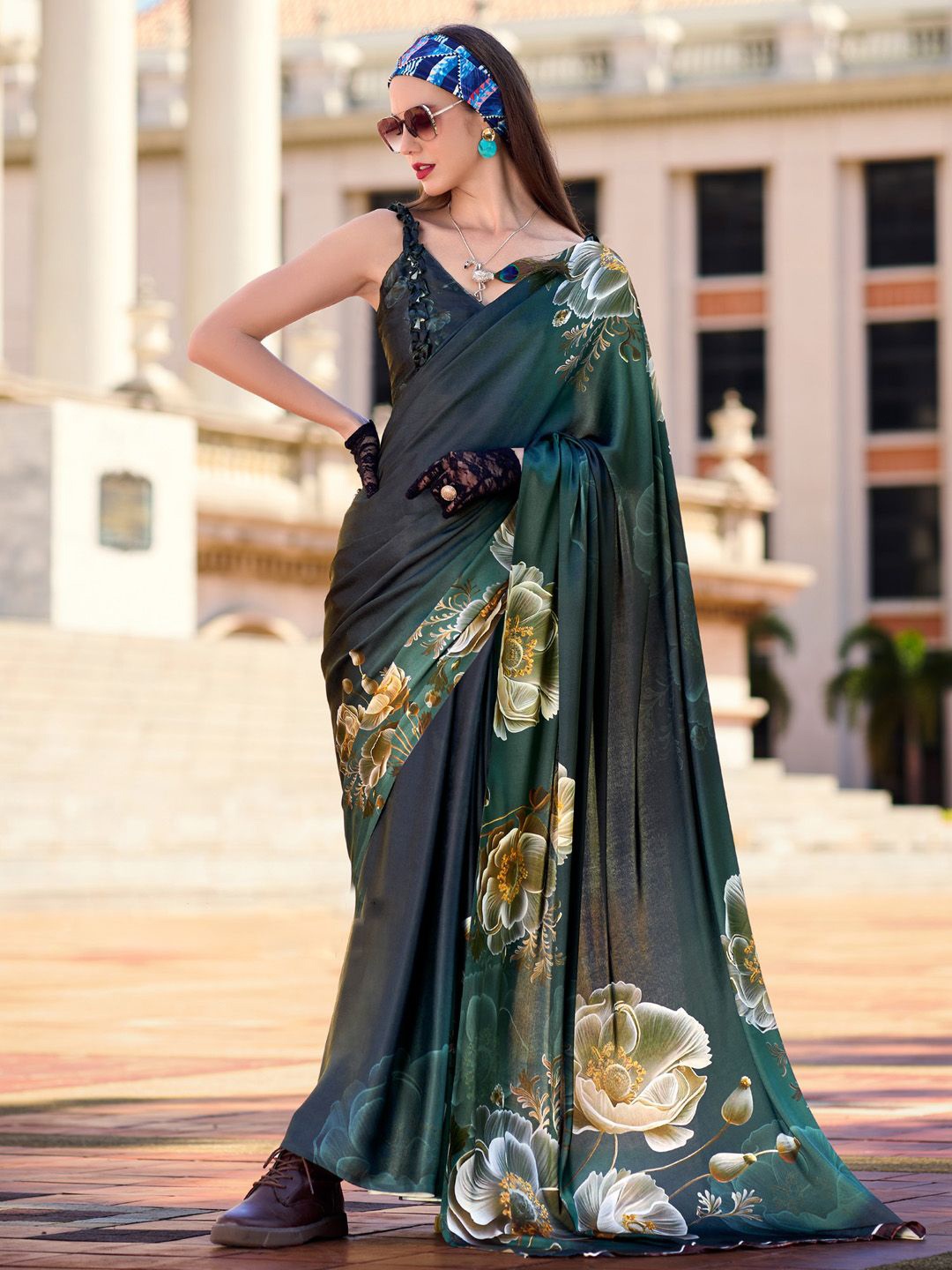 

Anouk Floral Poly Crepe Saree, Green
