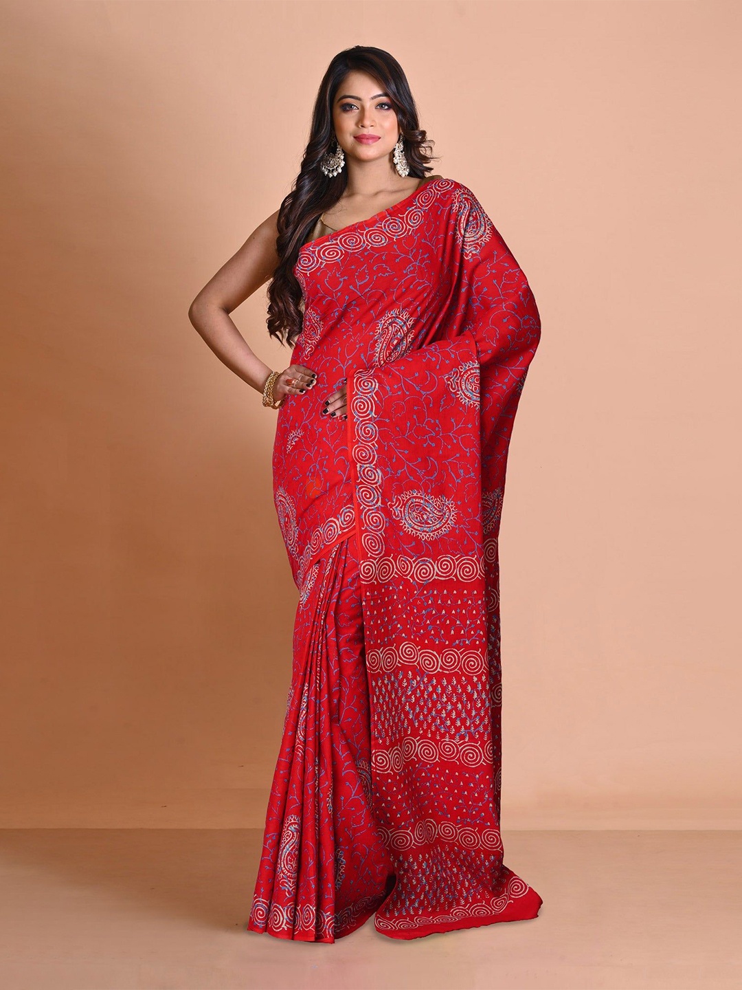 

Unnati Silks Ethnic Motifs Pure Cotton Handloom Block Print Saree, Red