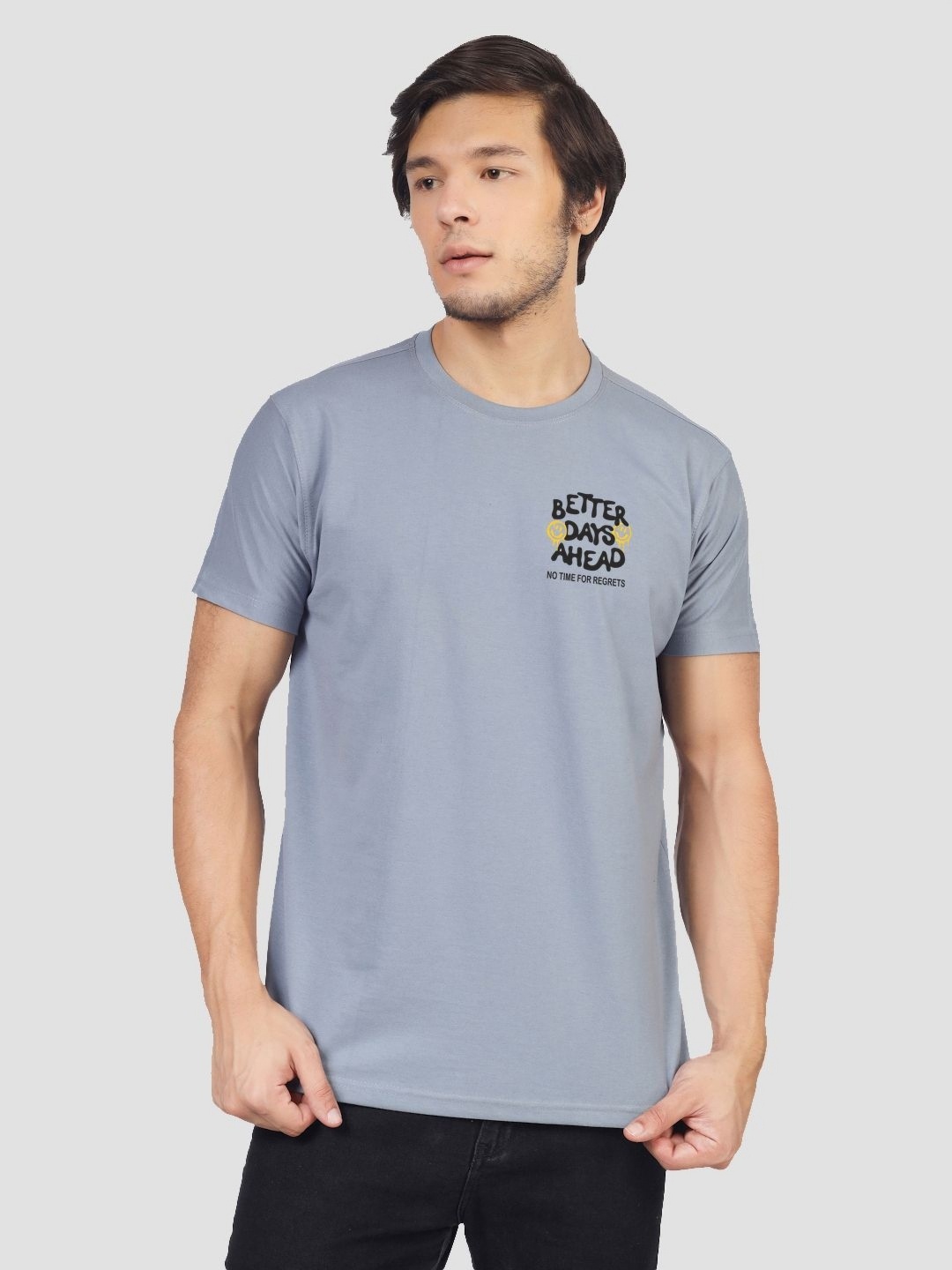 

Greylongg Men Solid Round Neck Cotton T-shirt, Grey