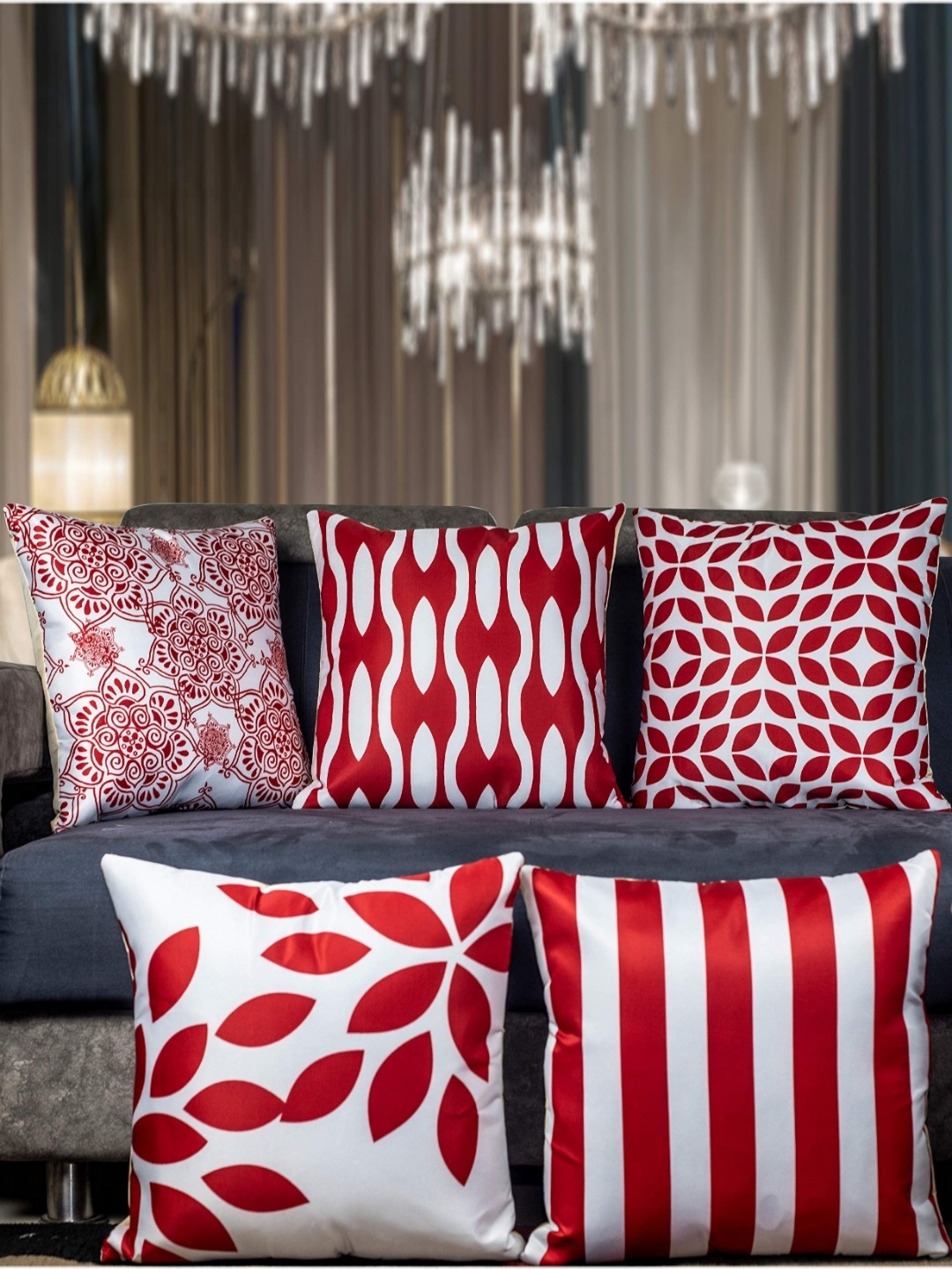 

Vendola Red & White 5 Pieces Geometric Satin Square Cushion Covers