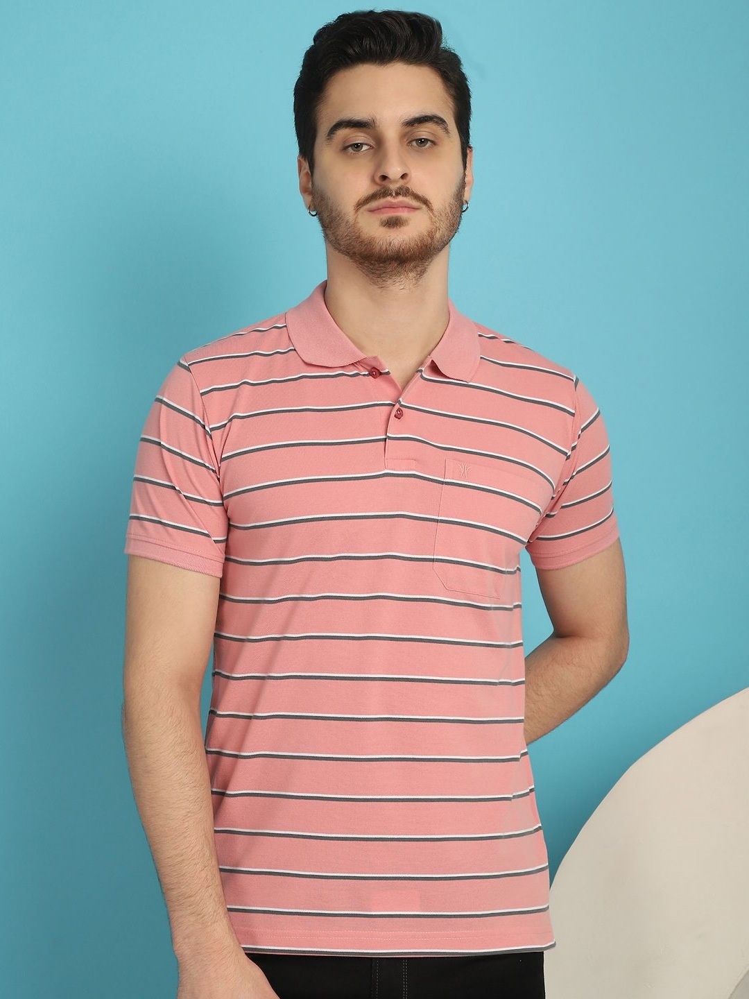 

VENITIAN Men Striped Polo Collar Cotton T-shirt, Coral