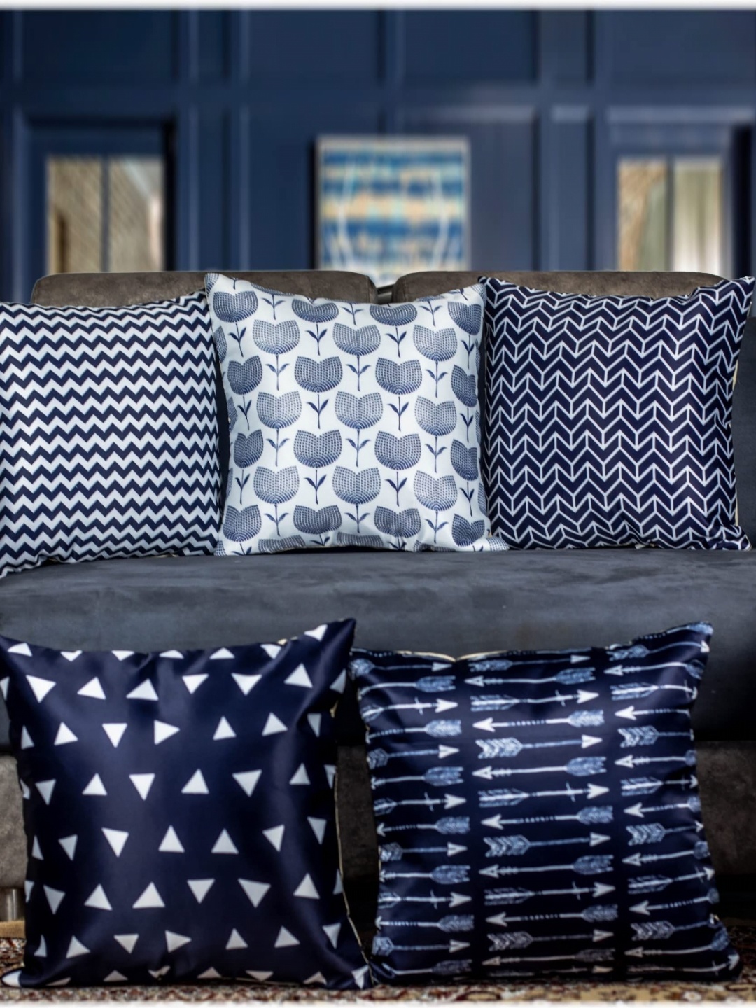 

Vendola Blue & White 5 Pieces Geometric Printed Satin Square Cushion Covers