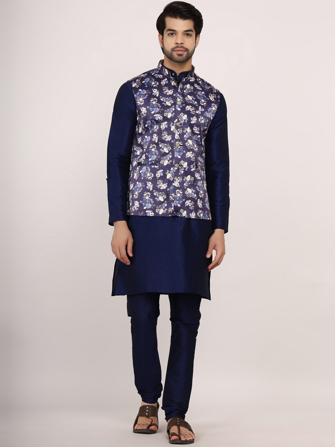 

Sadree Mandarin Collar Dupion Silk Straight Kurta with Churidar, Navy blue