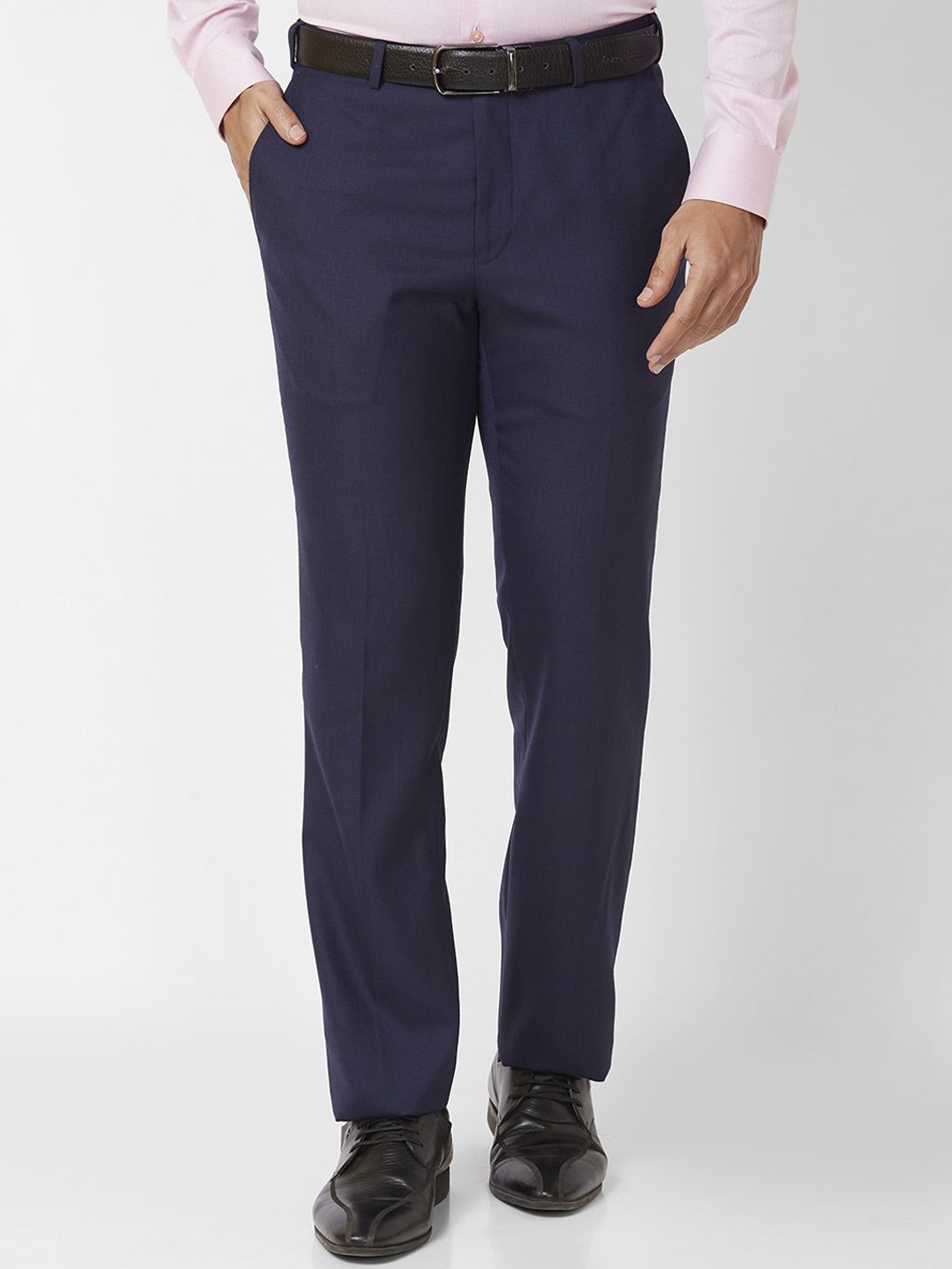 

Raymond Men Mid-Rise Regular Fit Self Design Formal Trousers, Navy blue