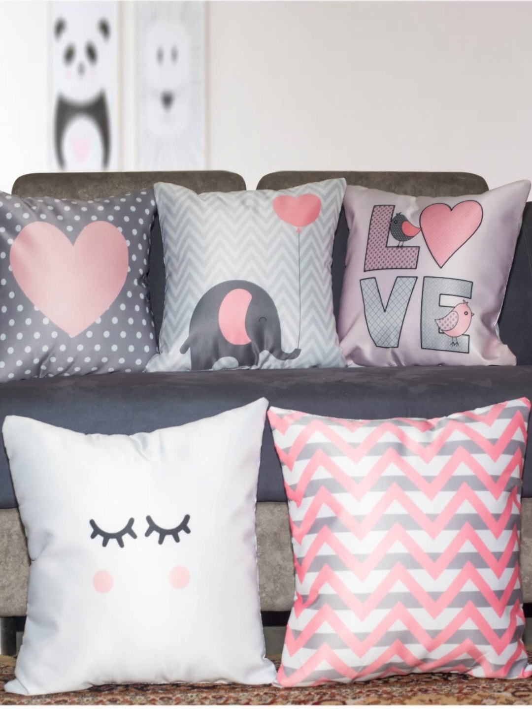 

Vendola Pink & White 5 Pieces Quirky Printed Satin Square Cushion Covers