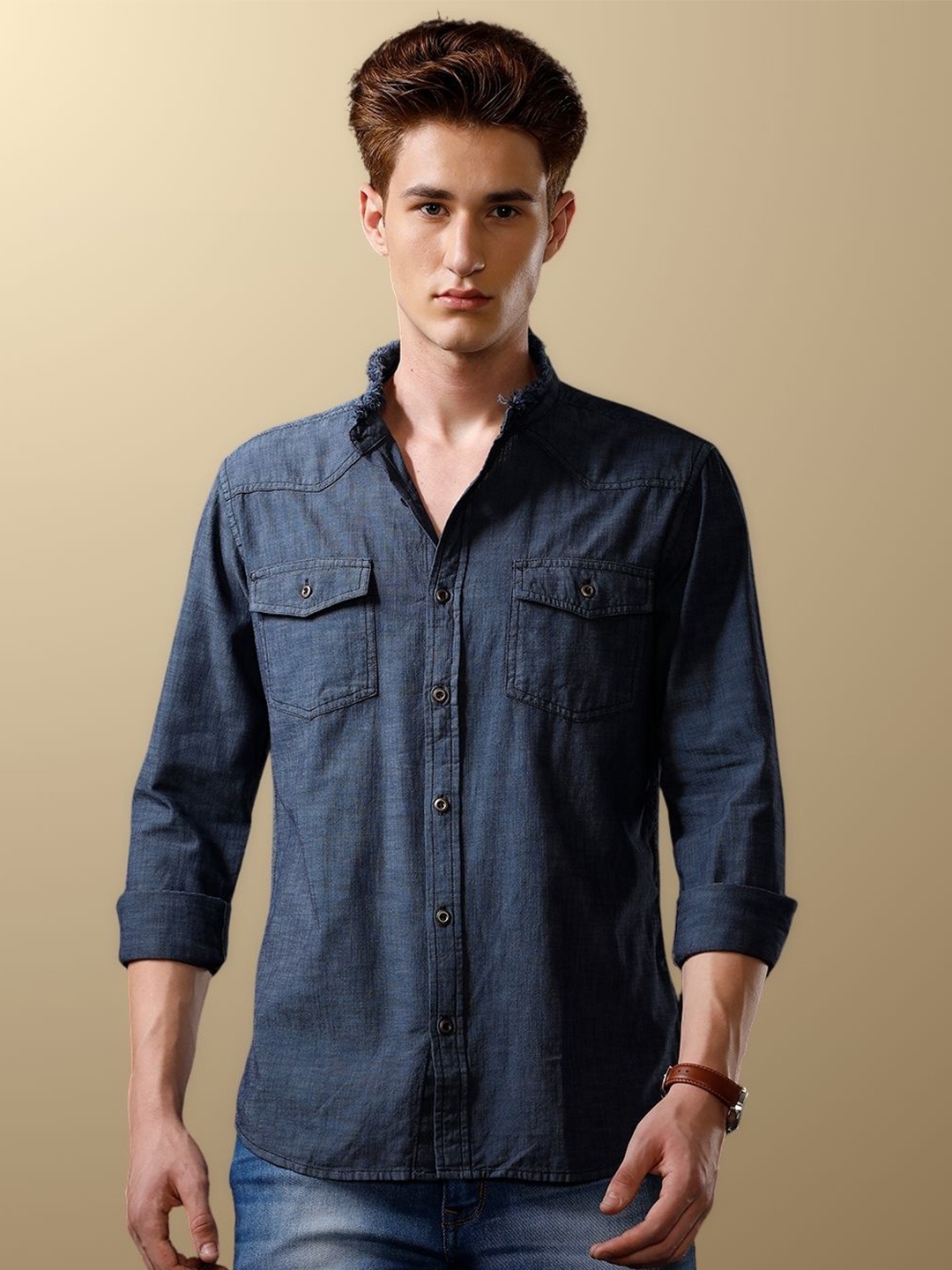 

TEMPLE OF DENIM Men India Slim Band Collar Solid Denim Casual Shirt, Blue