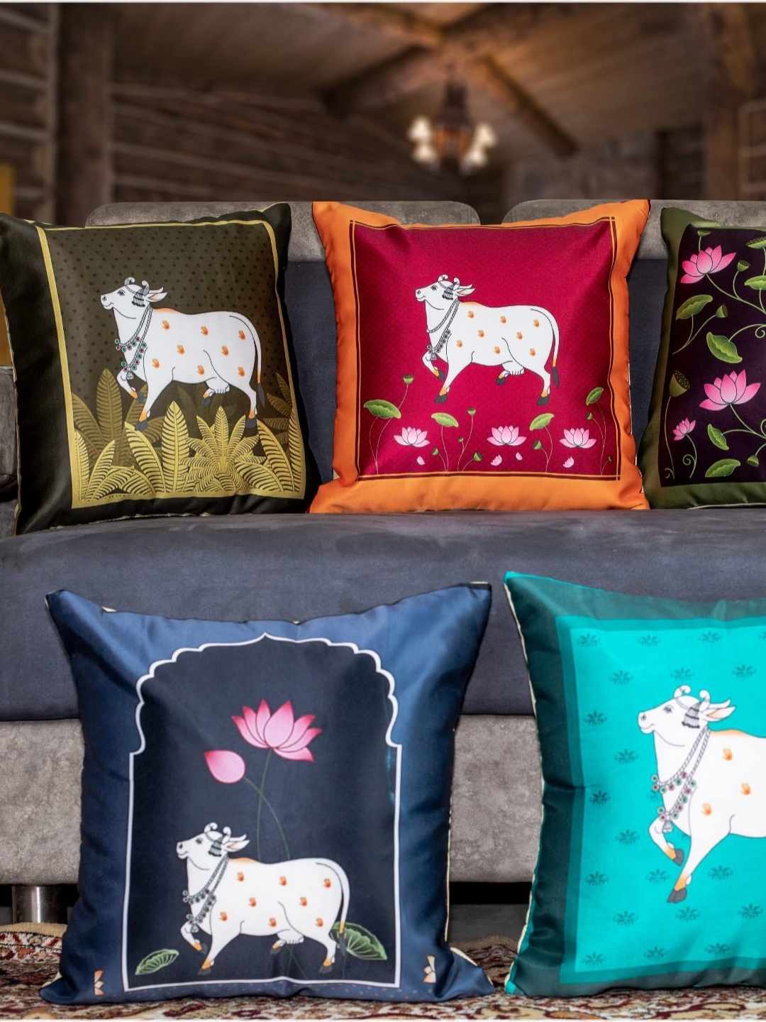 

Vendola Blue & Red 5 Pieces Floral Printed Satin Square Cushion Covers