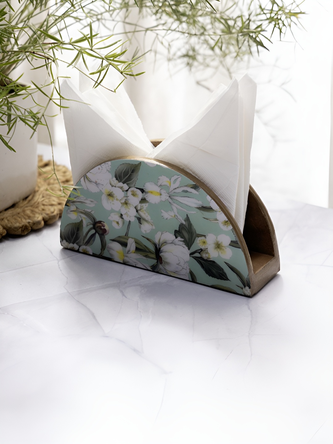 

DULI Blue & White Floral Printed Wooden Tissue Holder