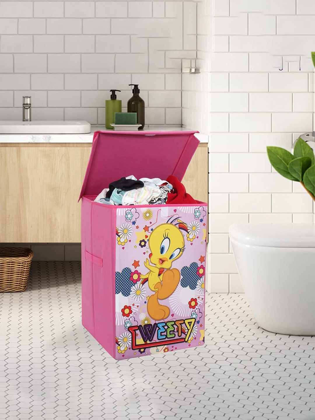 

prettykrafts Pink & Red 2 Pieces Tweety Printed Foldable Laundry Bag With Handle 45L