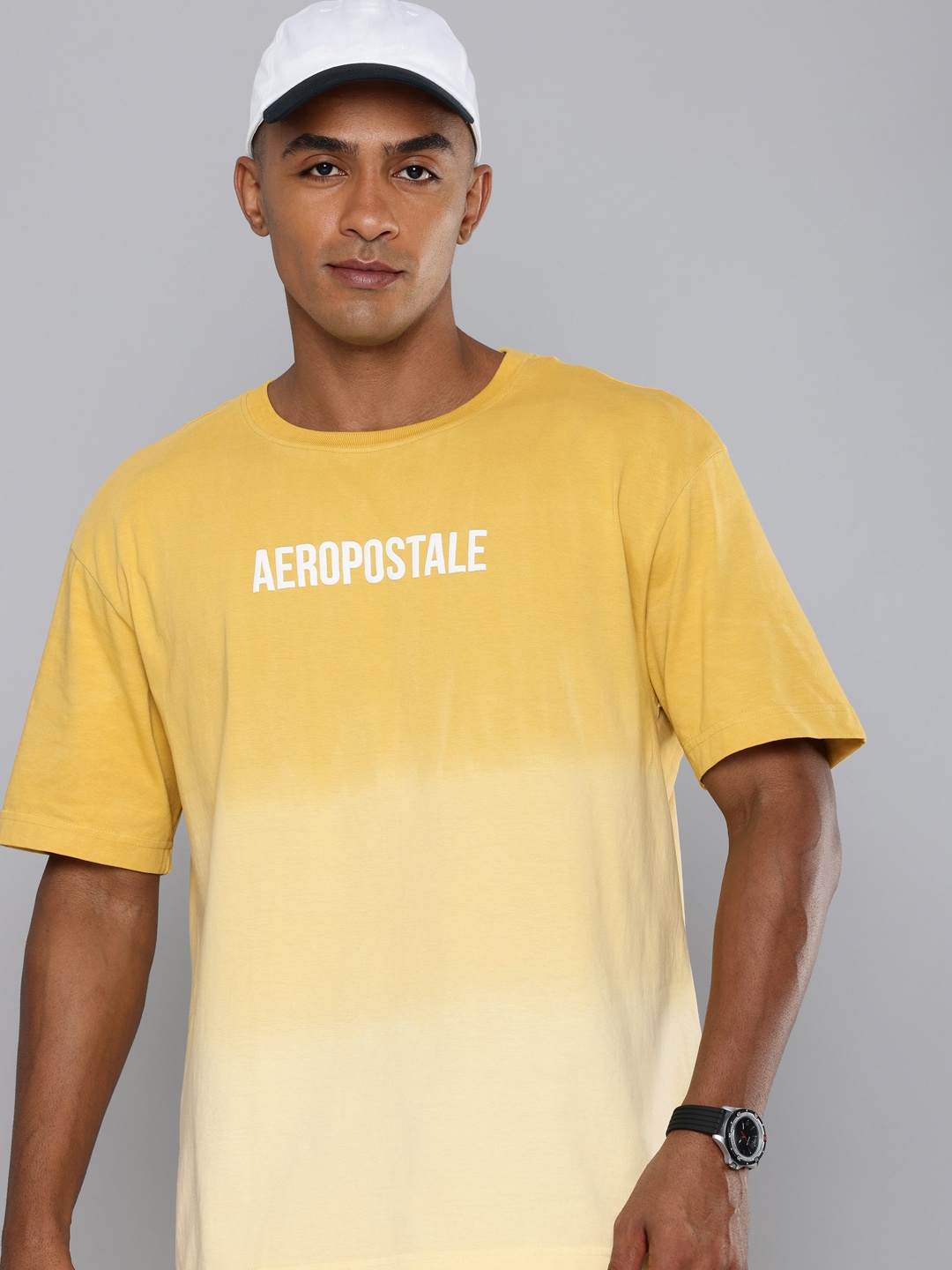 

Aeropostale Tie and Dye Ombre Effect Drop-Shoulder Pure Cotton Relaxed Fit T-shirt, Mustard