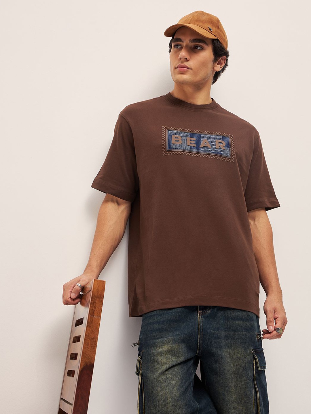 

THE BEAR HOUSE Men Graphic Printed Round Neck Cotton Oversized T-shirt, Brown