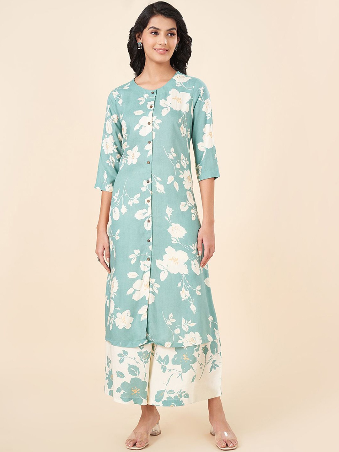 

RANGMANCH BY PANTALOONS Floral Printed Round Neck Straight Kurta, Blue