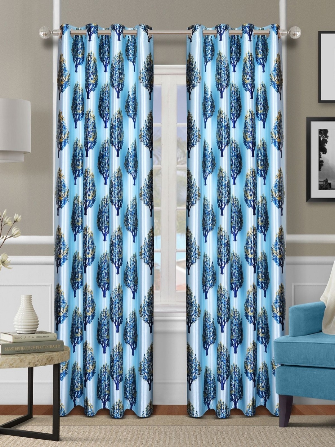 

Myntra Elegant Homes Blue 2 Pieces Floral Printed Room Darkening Door Curtains