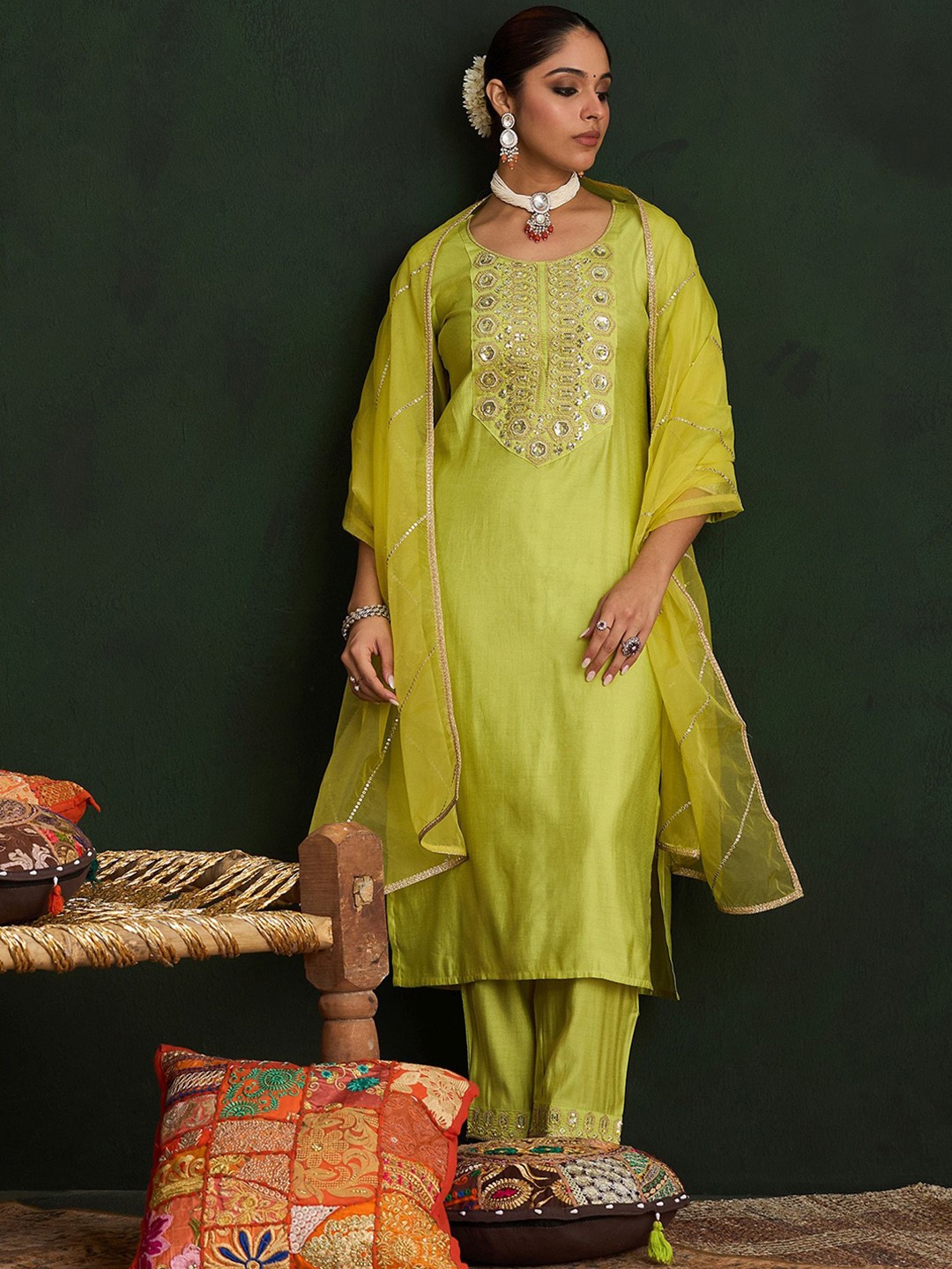 

Indo Era Women Embroidered Regular Liva Kurta with Trousers & With Dupatta, Olive