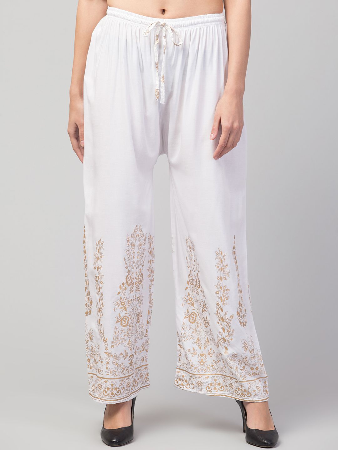 

FAMBEE Women Ethnic Motifs Printed Flared Knitted Palazzos, White
