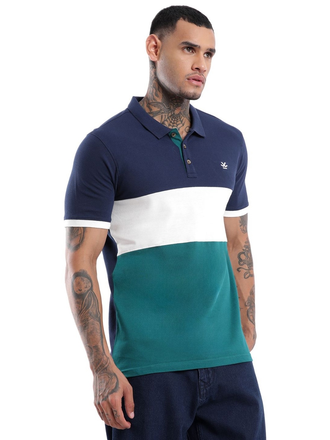 

WROGN Men Striped Polo Collar Pure Cotton Slim Fit T-shirt, Blue
