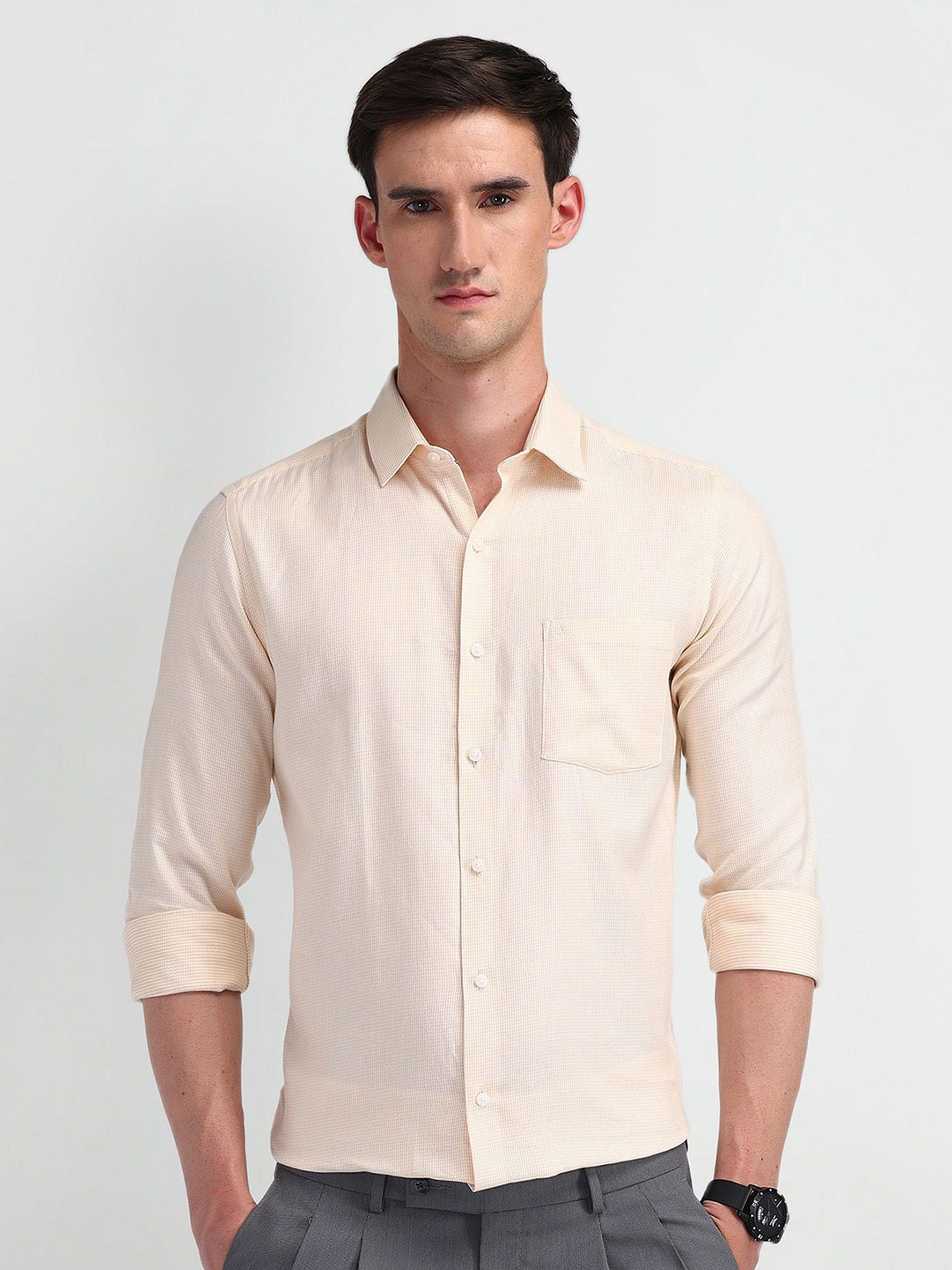 

Arrow Men Modern Slim Fit Opaque Striped Formal Shirt, Yellow