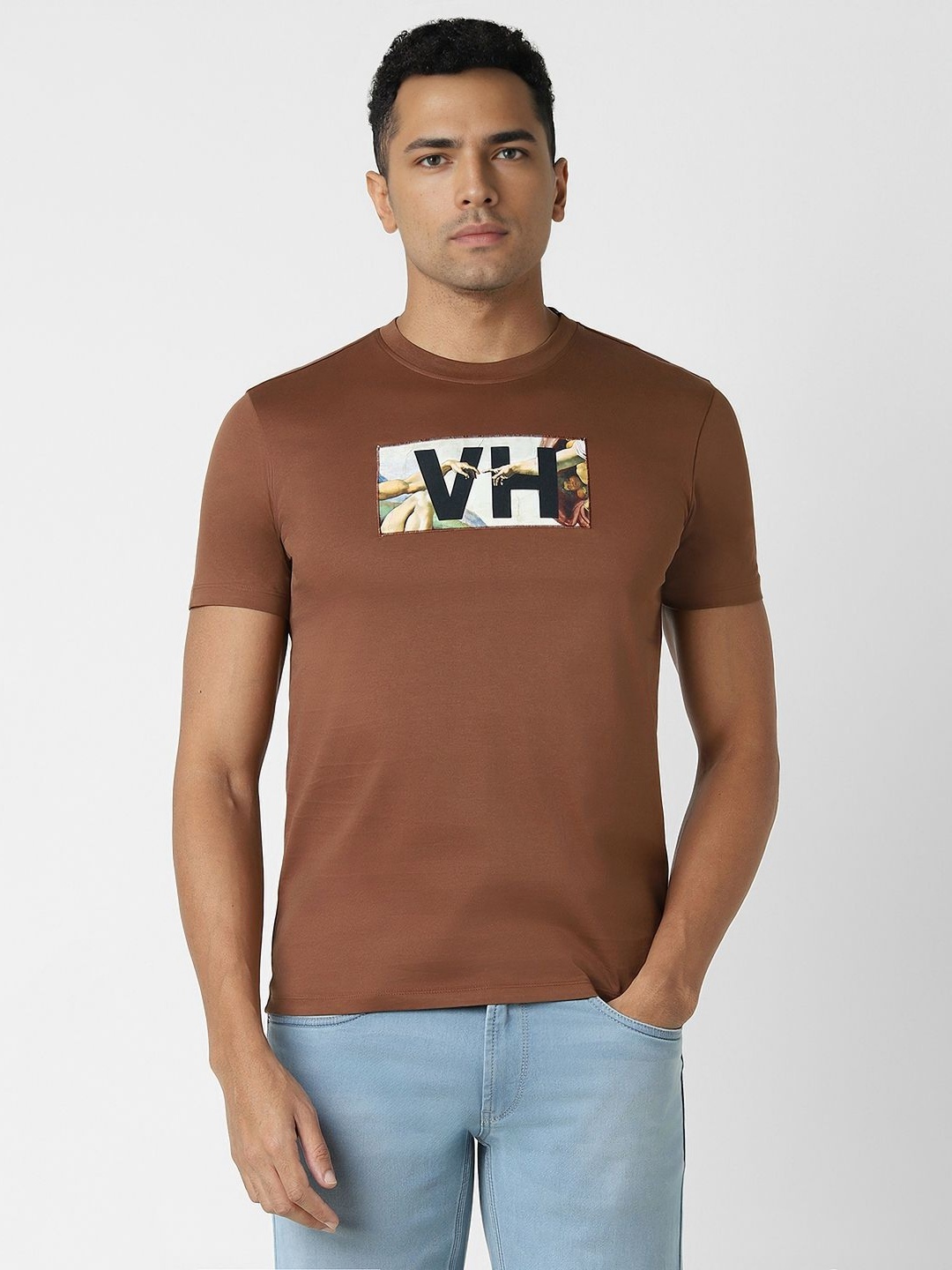 

V Dot Men Typography Printed Round Neck Cotton Slim Fit T-shirt, Brown