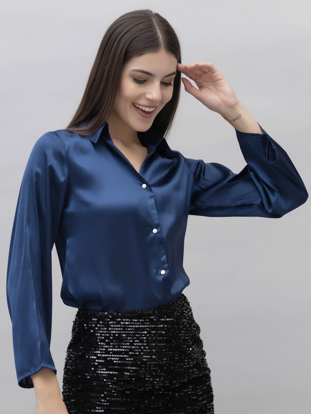 

PURYS WORKSPACE Women Standard Opaque Formal Shirt, Navy blue