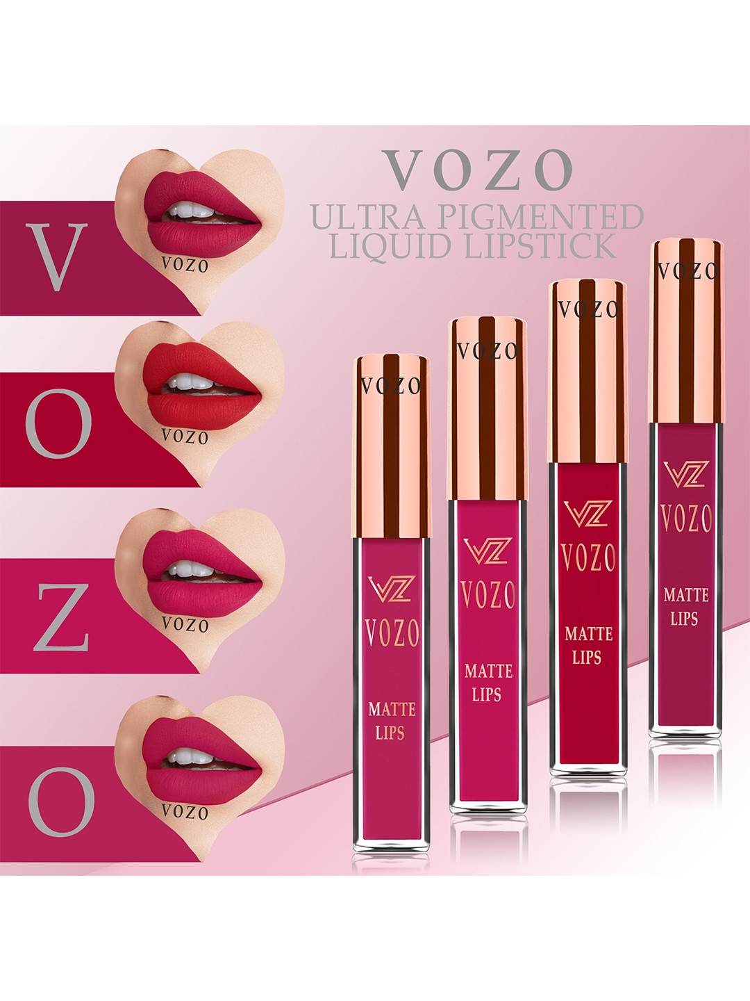 

VOZO Set Of 4 Stay-All-Day Matte Liquid Lipstick-4ml Each- 101-104-105-204, Red
