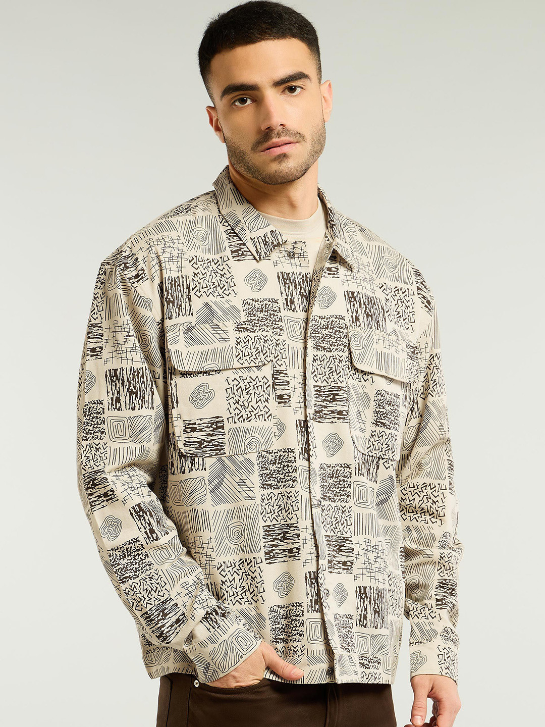 

Beyoung Cotton Print Shacket, Brown