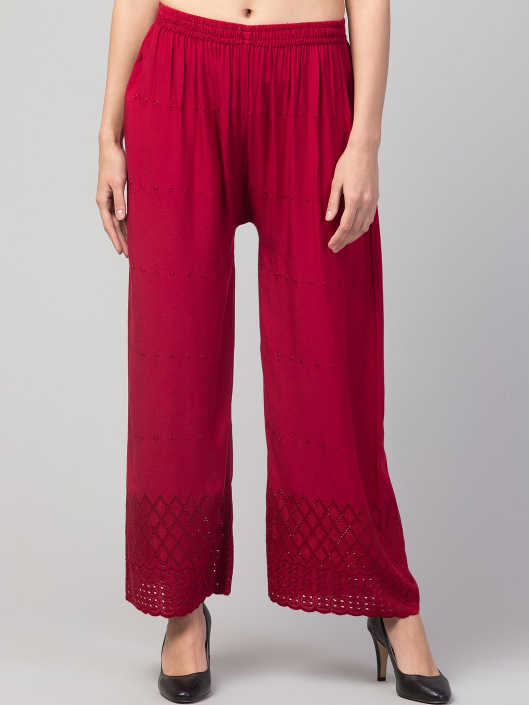 

FAMBEE Women Embroidered Flared Knitted Palazzos, Maroon