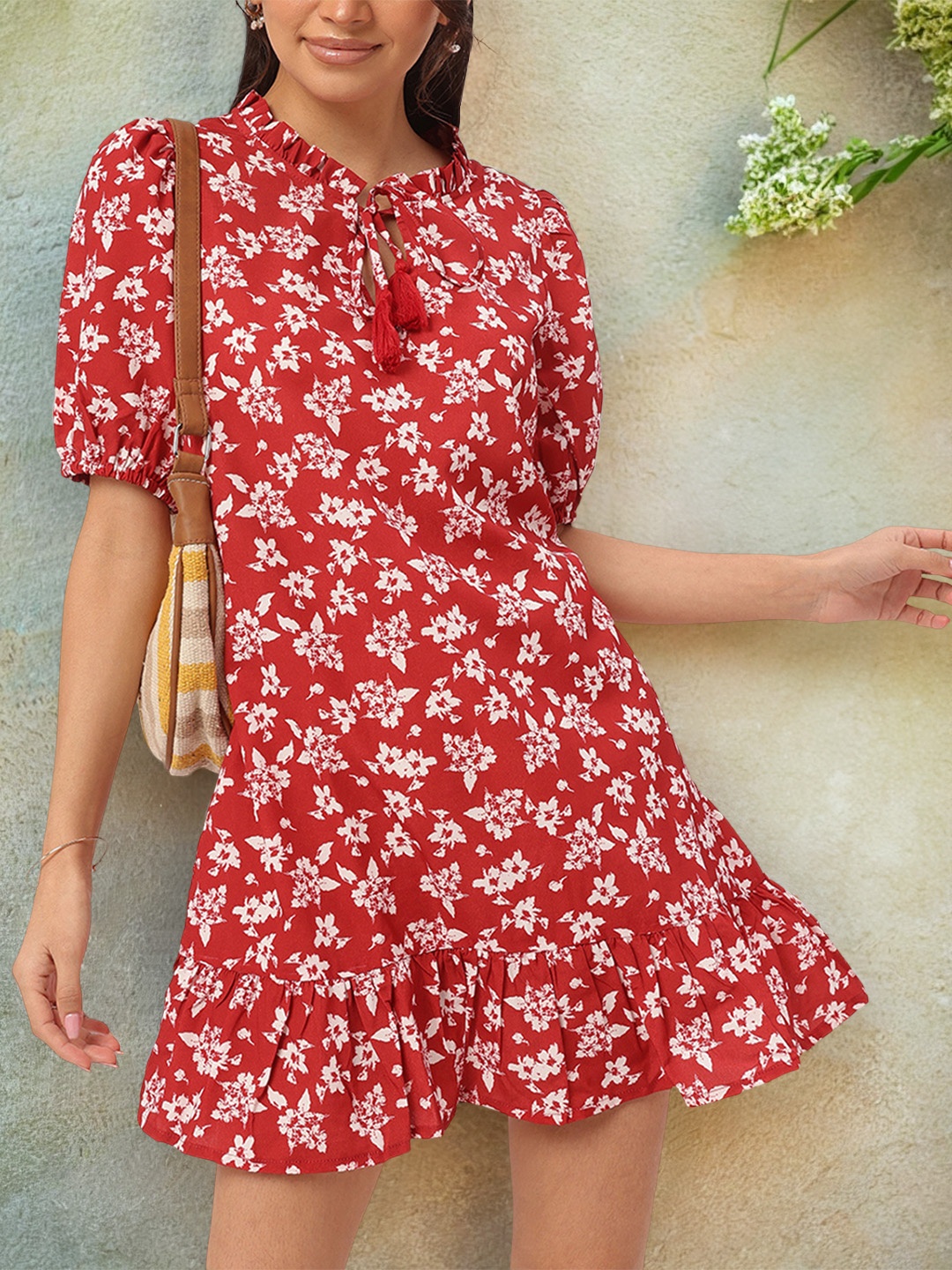 

DressBerry Spring Romantics Floral Print Tie-Up Neck Mini Sheath Dress, Red