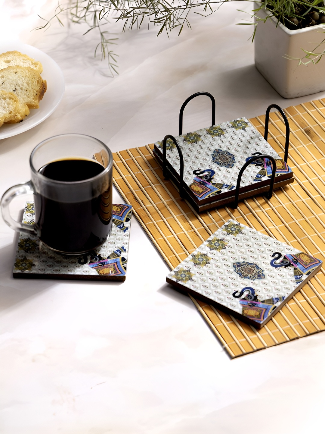 

DULI White & Blue 4 Pieces Printed Wooden Square Coasters With Stand