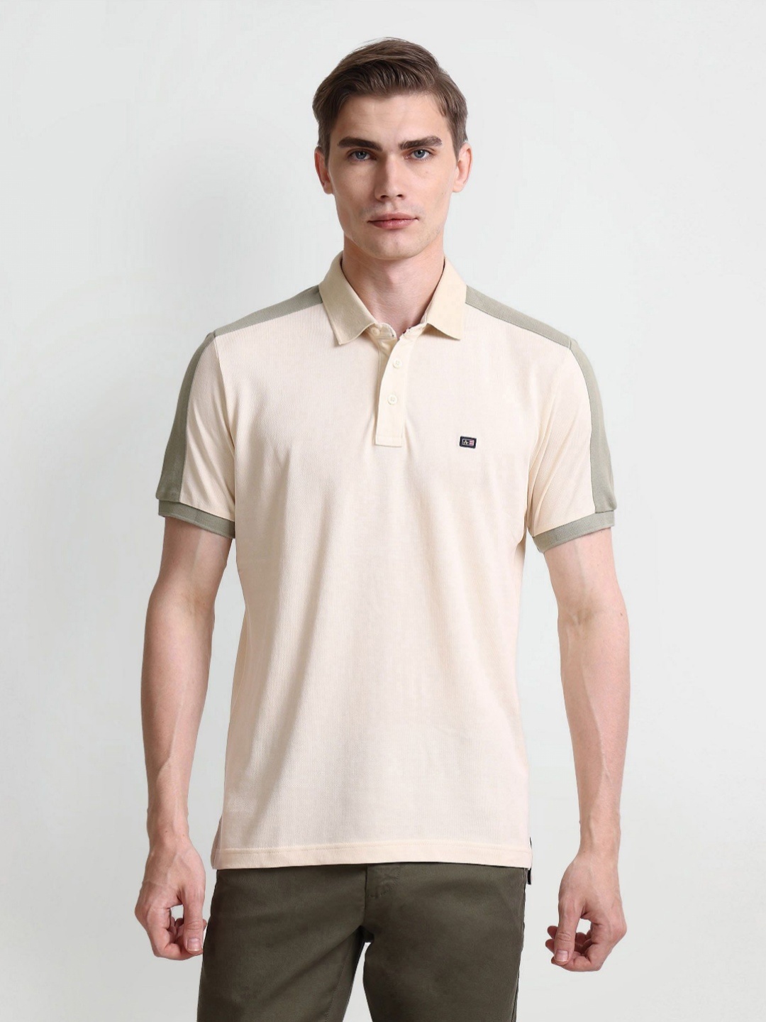 

Arrow Men Colourblocked Polo Collar Cotton T-shirt, Cream