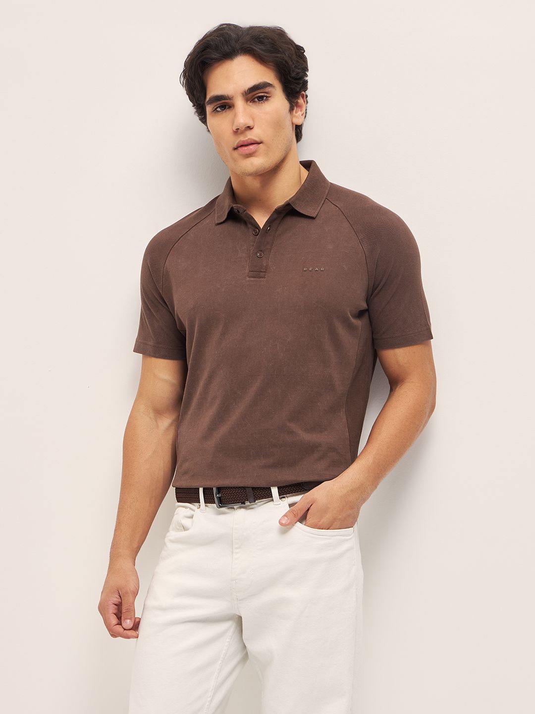 

THE BEAR HOUSE Men Solid Regular Fit Polo Collar T-Shirt, Brown