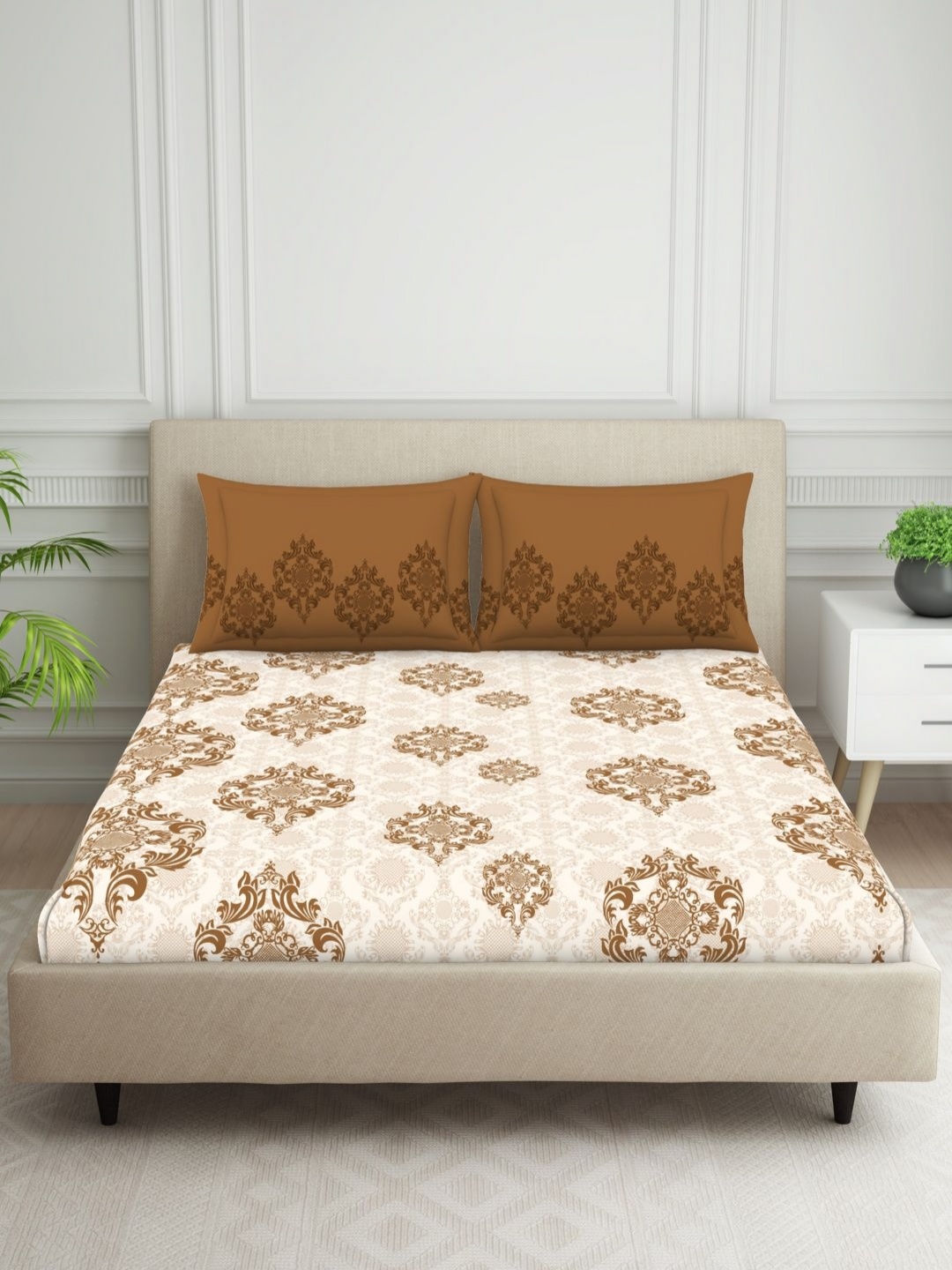 

SPACES Brown Ethnic Motifs Printed 132 TC Pure Cotton Queen Bedsheet With 2 Pillow Covers