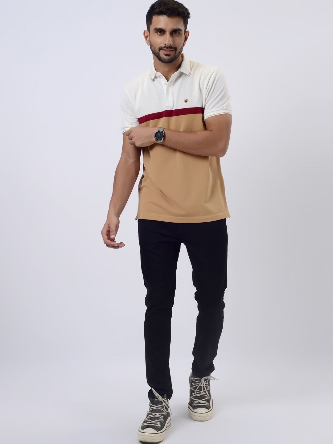 

JADE BLUE Men Striped Polo Collar Pure Cotton Slim Fit T-shirt, Cream