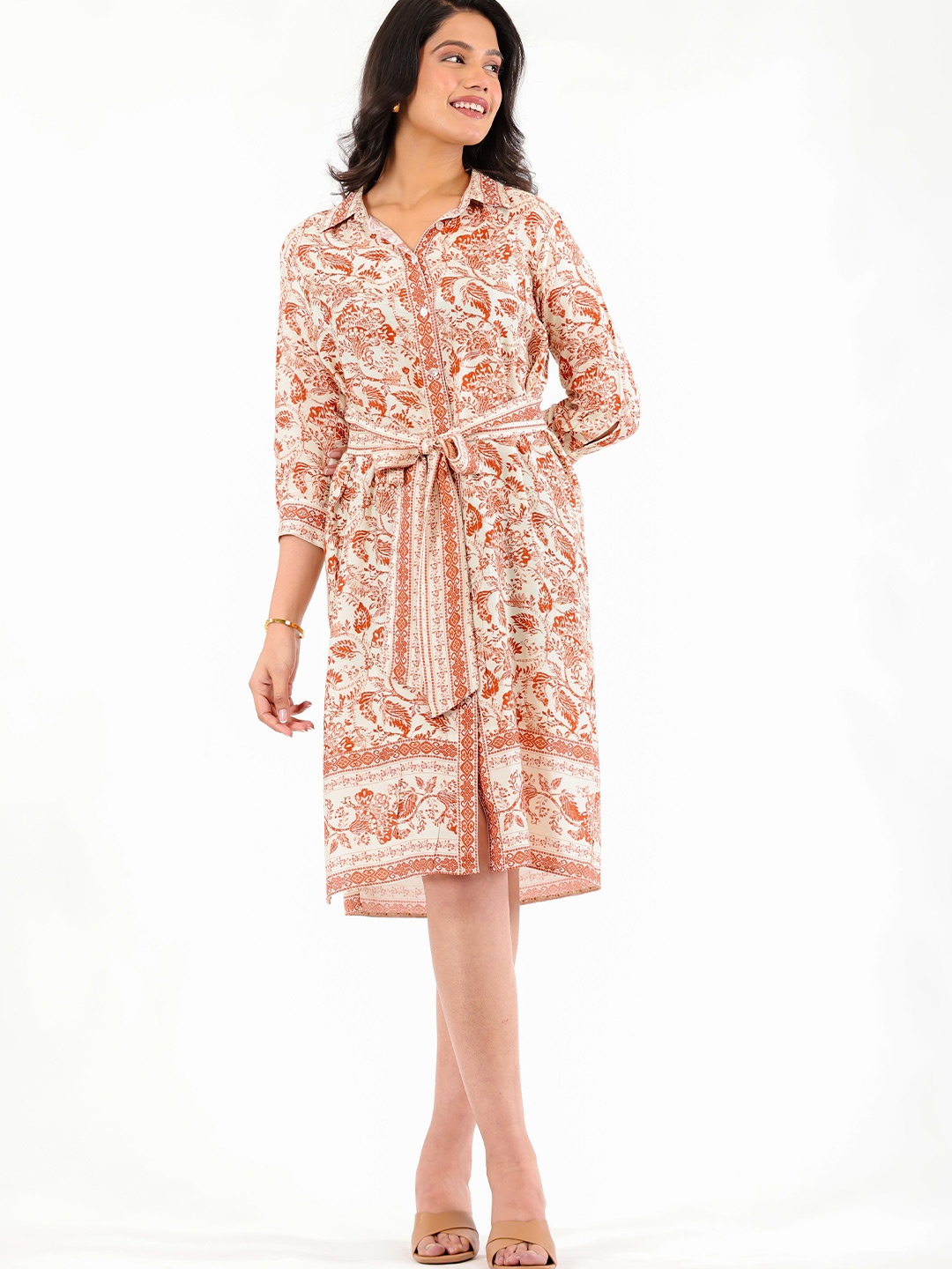 

WESTIFIED Floral Printed Cuffed Sleeves Pure Silk Shirt Dress, Rust