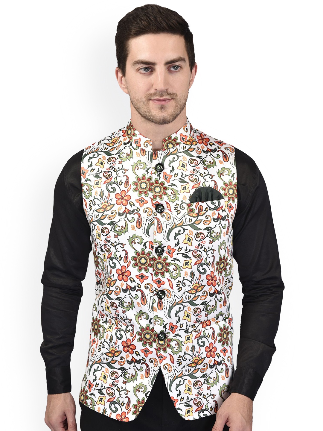 

PRINTCULTR Printed Woven Nehru Jacket, White