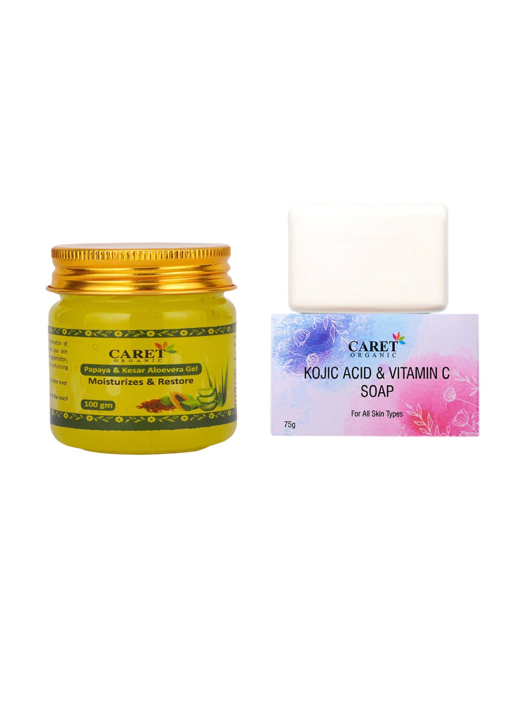 

CARET ORGANIC Set Of 2 Kojic acid & Vitamin C Soap & Papaya & Kesar Aloevera Gel, White