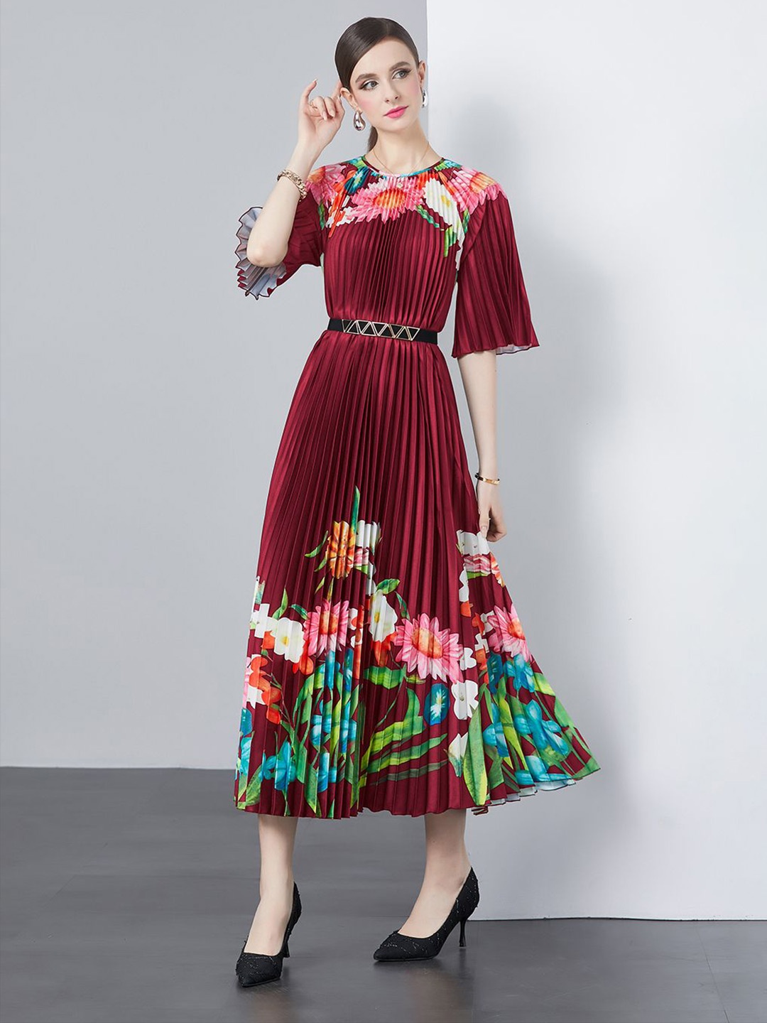 

JC Collection Women Floral Printed Fit and Flare Midi Dress, Maroon