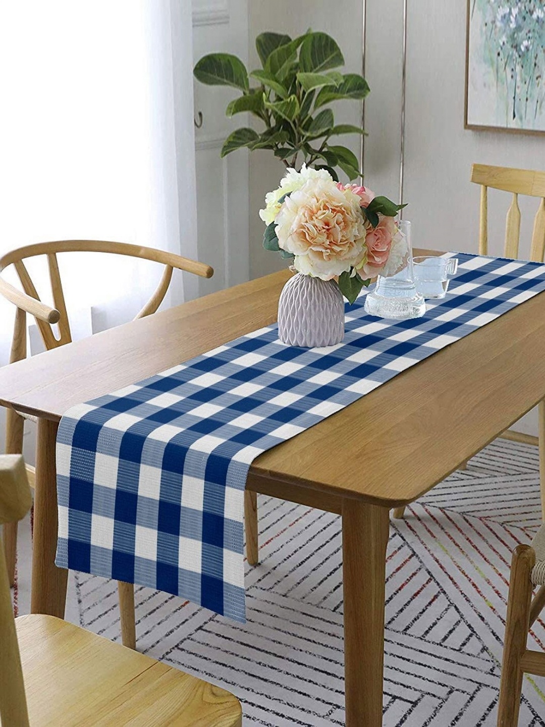 

Lushomes Blue & White Checked Pure Cotton 6 Seater Table Runner