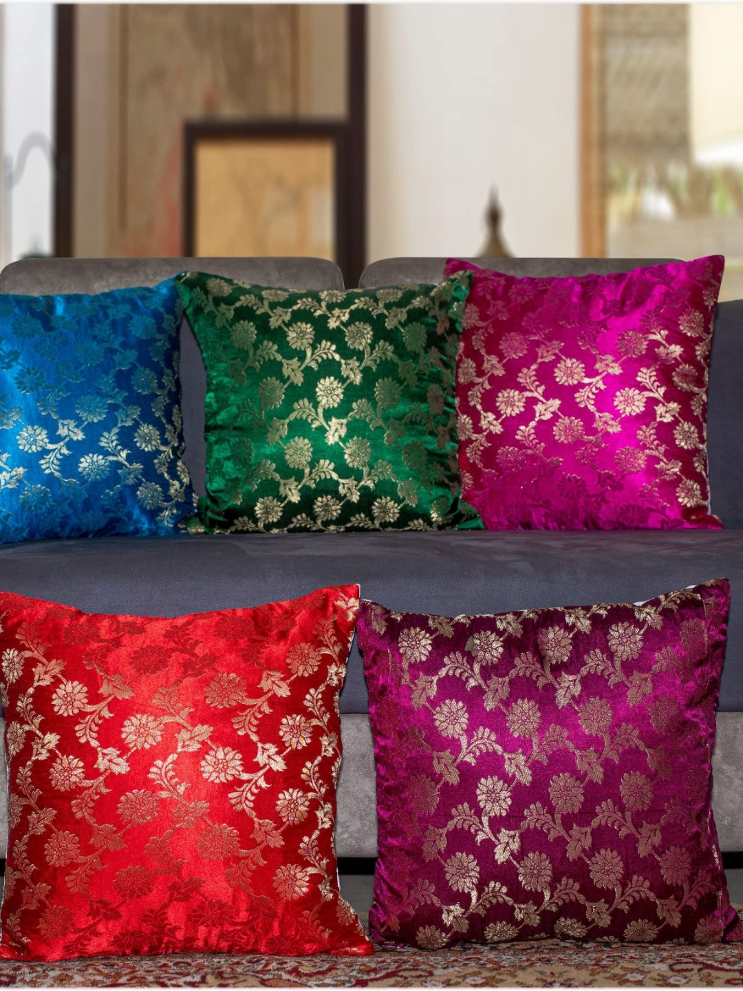 

Vendola Red & Blue 5 Pieces Floral Square Cushion Covers