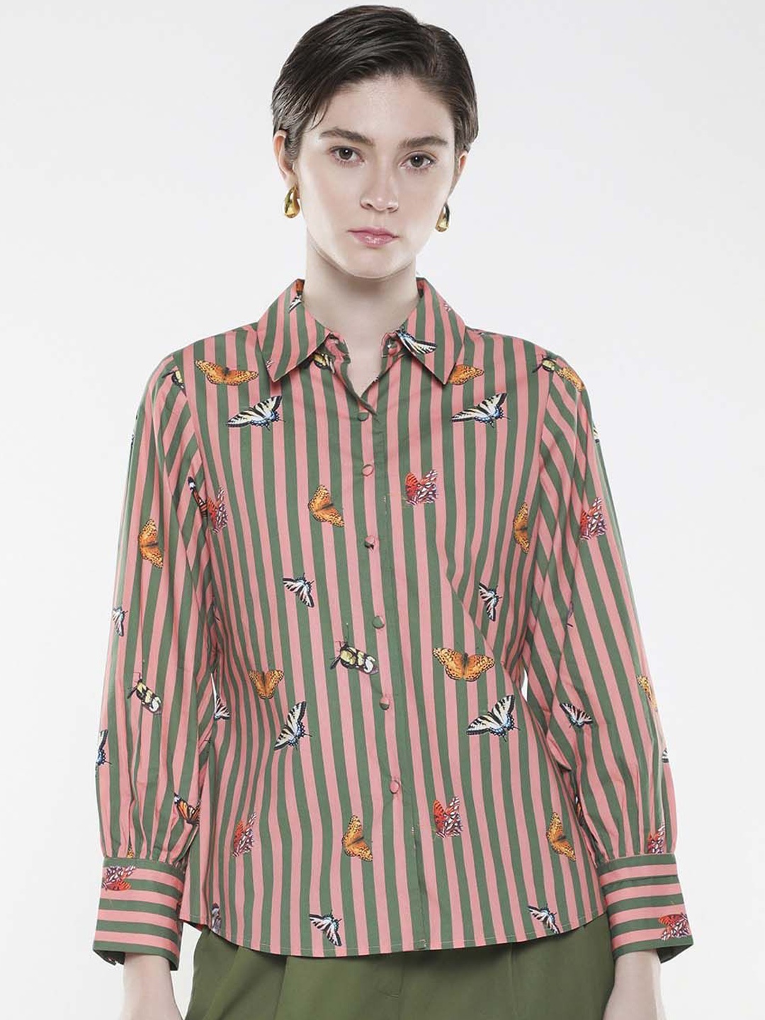 

RAREISM Women Vertical Striped Shirt Collar Cotton Top, Peach