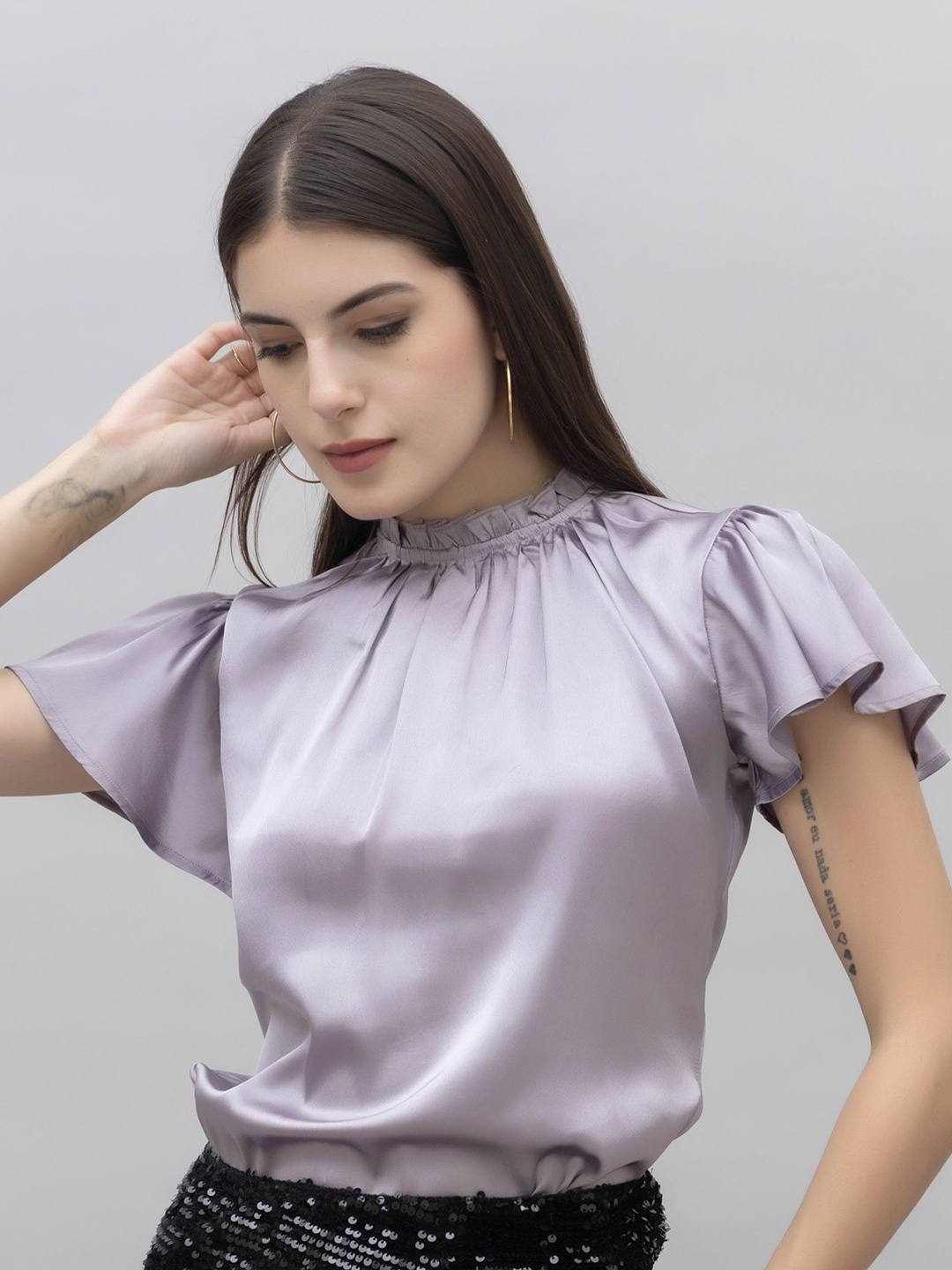 

PURYS WORKSPACE Flared Sleeve Satin Blouson Top, Lavender