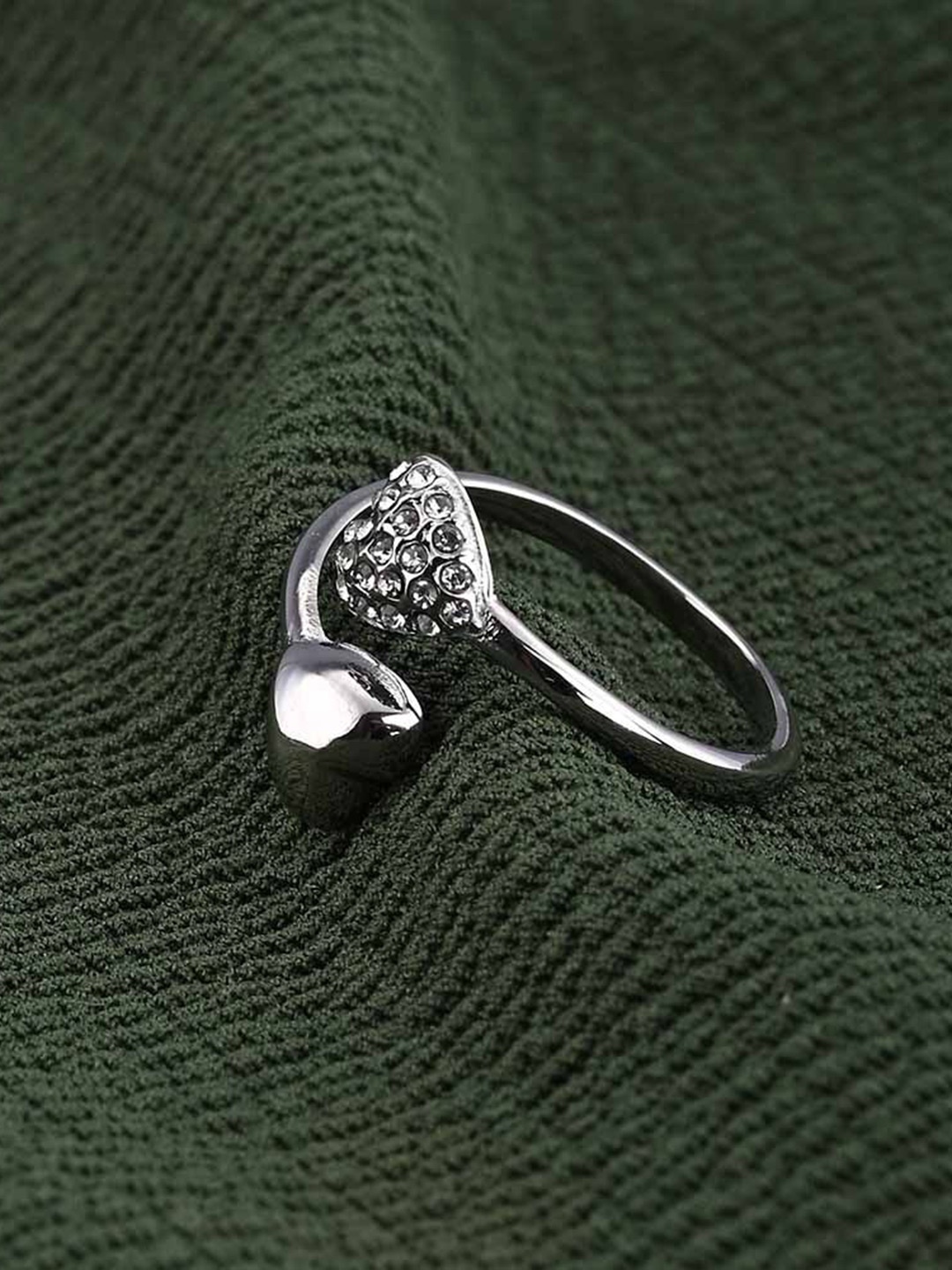 

PALMONAS Stainless Steel Cubic Zirconia Stone-Studded Heart Shaped Adjustable Finger Ring, Silver