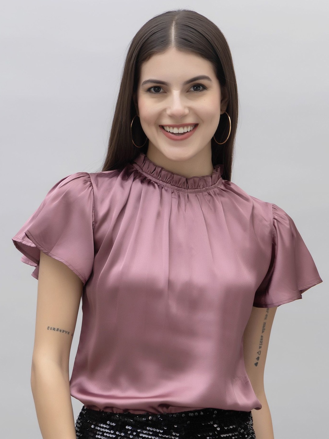 

PURYS WORKSPACE Flared Sleeve Satin Blouson Top, Purple