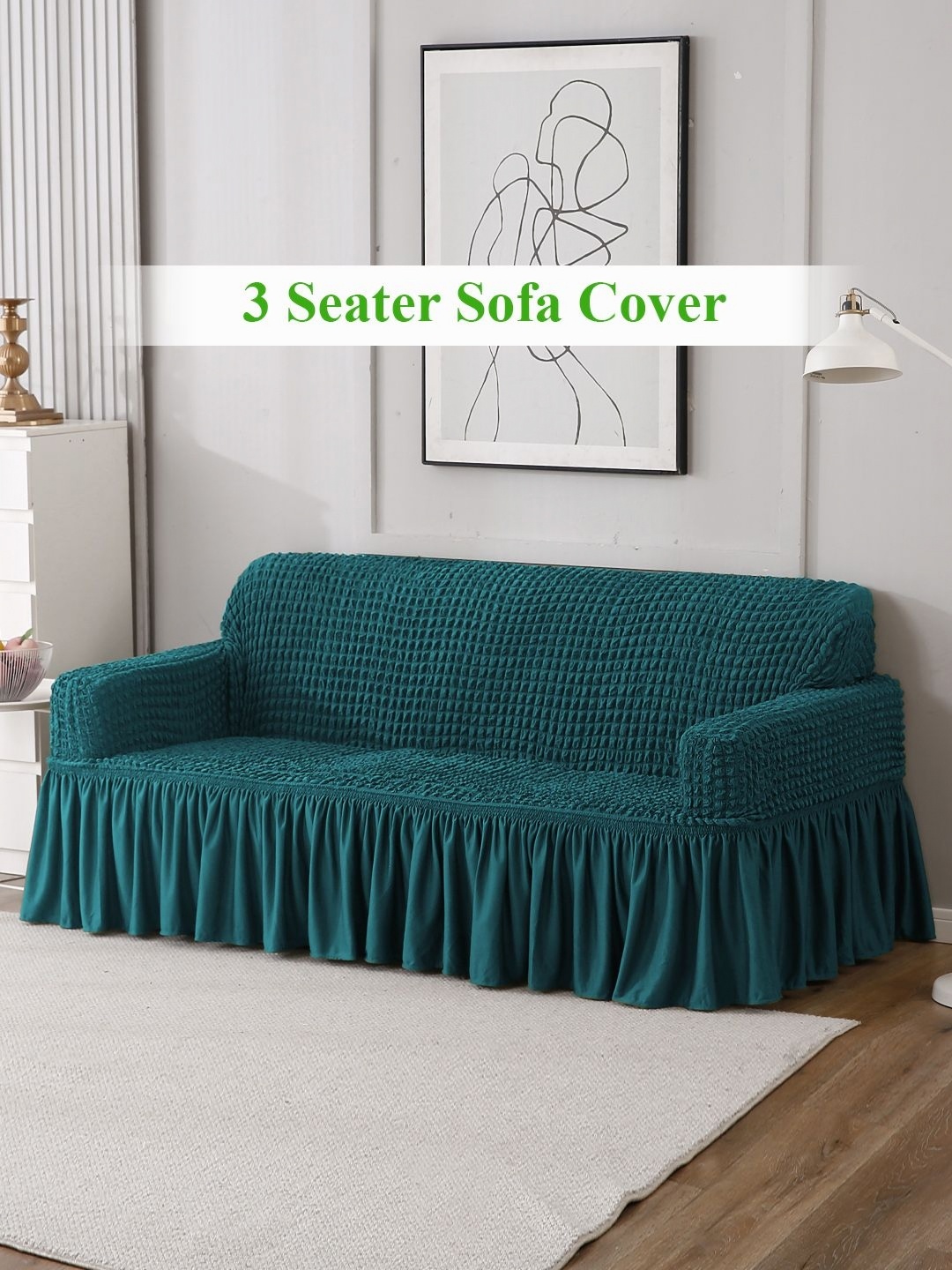 

HOKIPO Teal Self Design 3-Seater Stretchable Sofa Cover With Arms