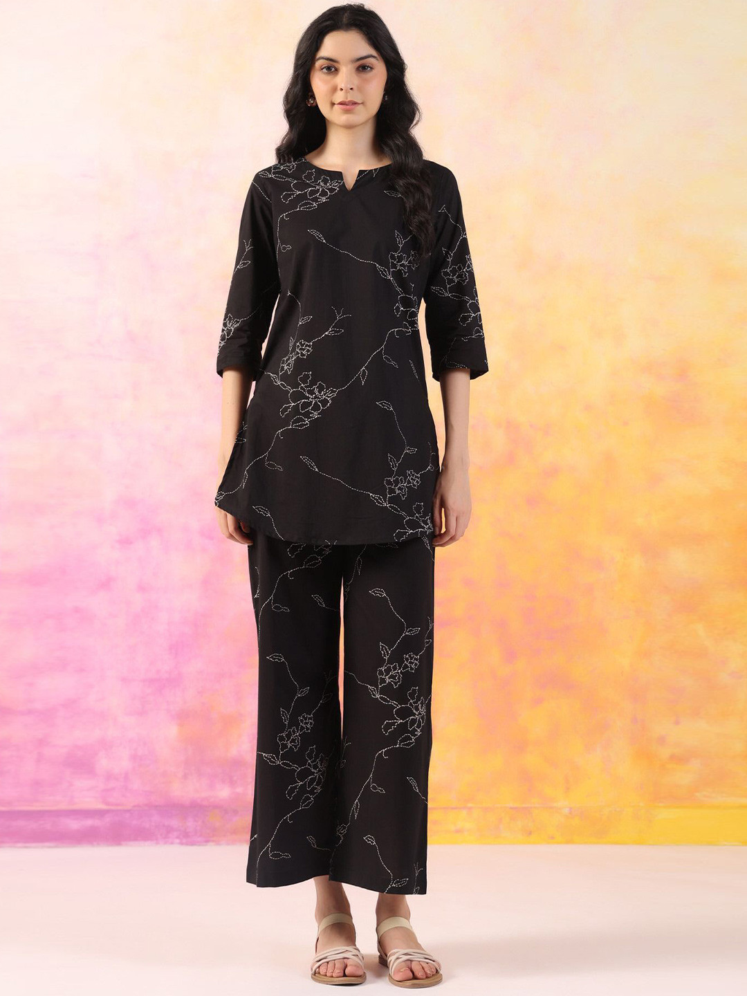 

JISORA Printed Pure Cotton Tunic With Trouser, Black