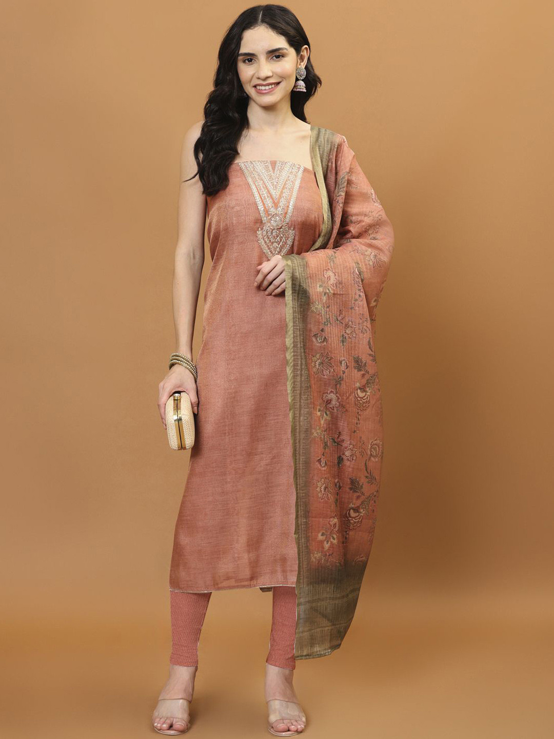 

Meena Bazaar Embroidered Unstitched Dress Material, Peach
