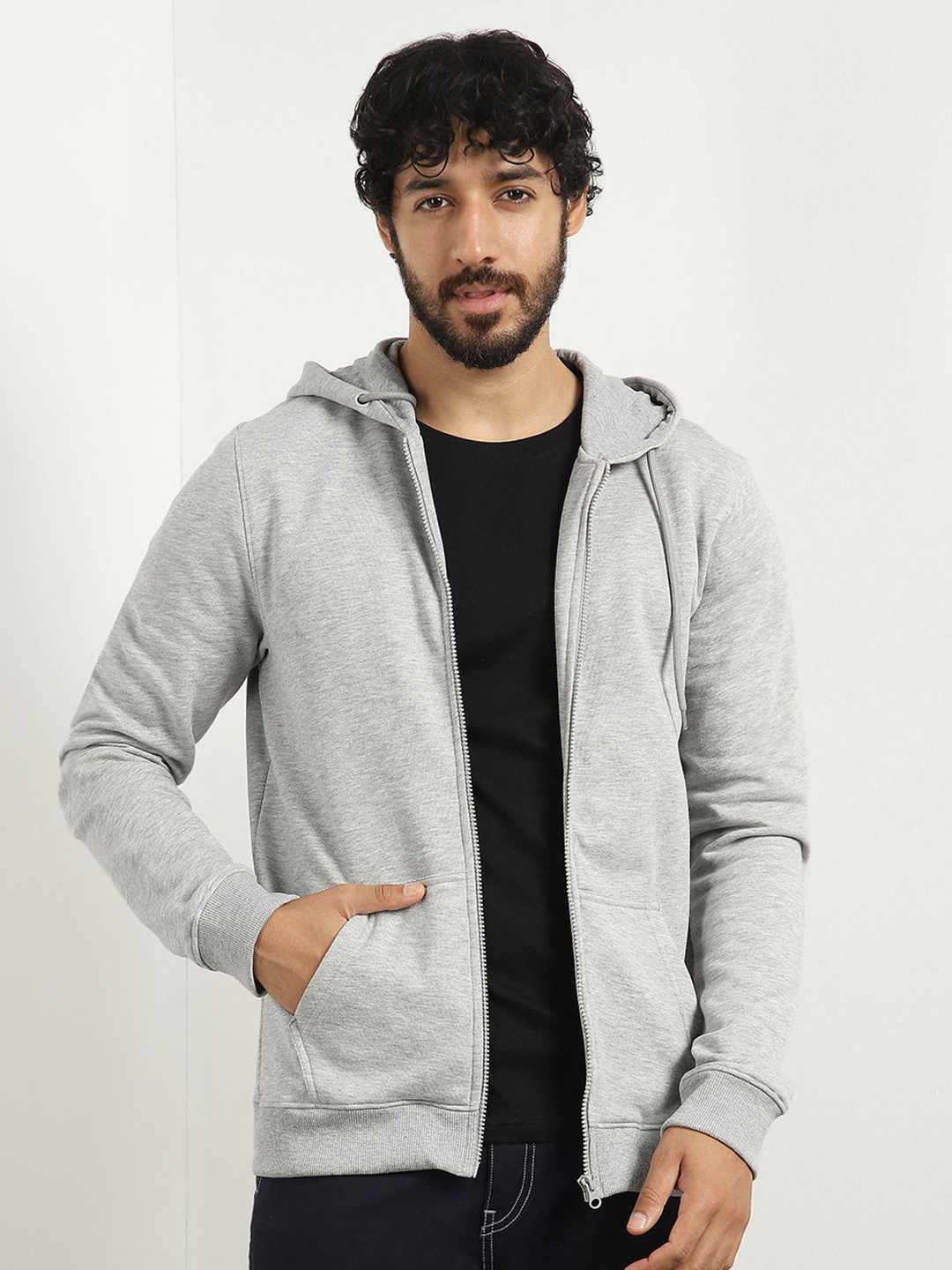 

NOBERO Men Zipper Hooded Long Sleeves Sweatshirt, Grey melange
