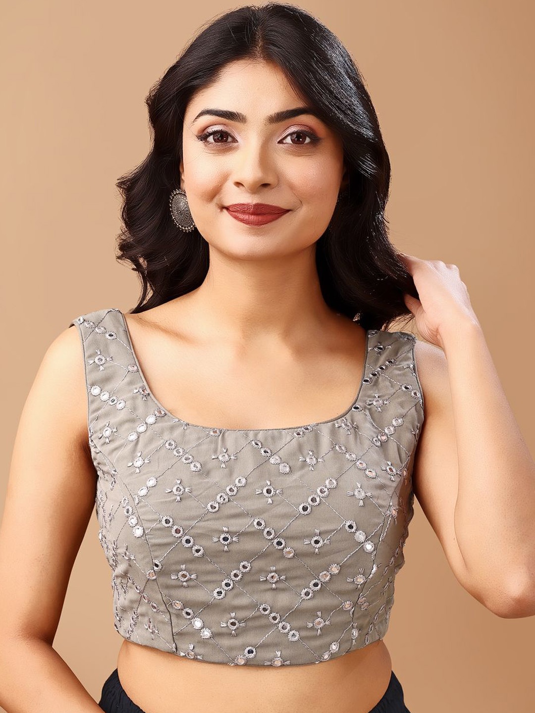 

Tikhi Imli Mirror Work Embroidered Sleeveless Saree Blouse, Grey