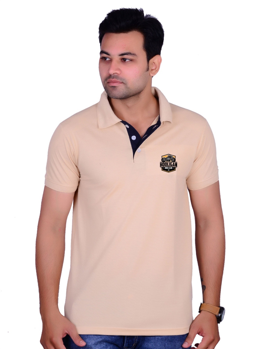 

LA MILANO Men Polo Collar Applique Slim Fit T-shirt, Cream