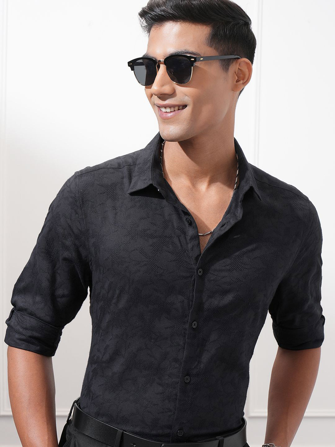 

LOCOMOTIVE Premium Men Jacquard Textured Occasion Shirt, Black