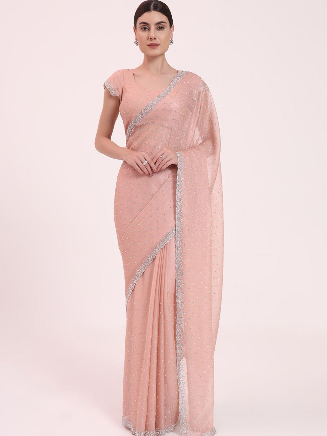 

FIORRA Ethnic Motifs Beads and Stones Organza Saree, Peach